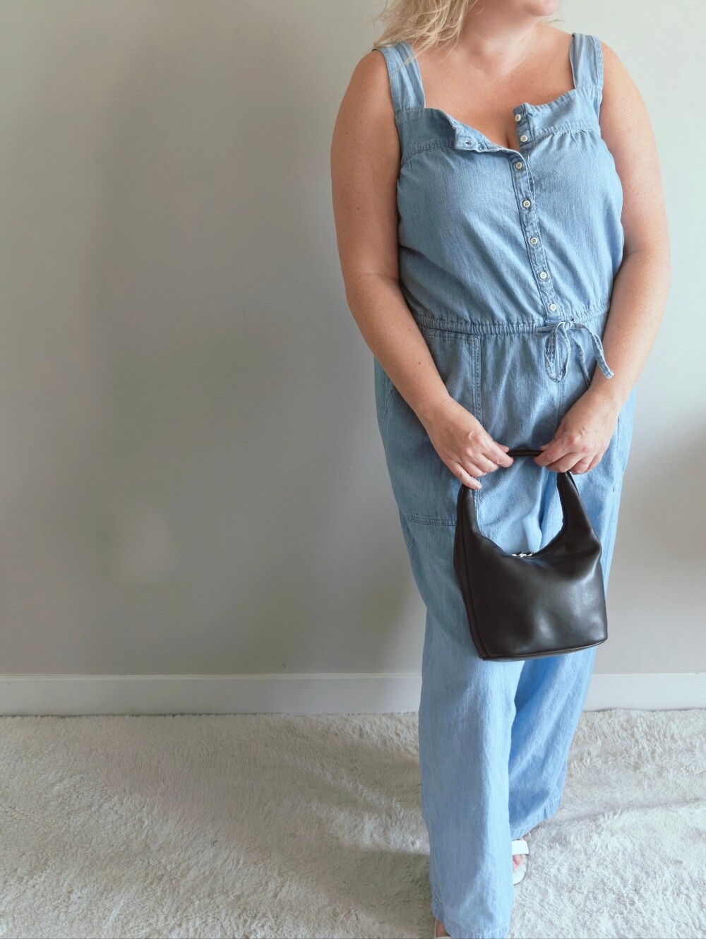 Old Navy Chambray Denim Wide Leg Jumpsuit Size XL Cotton Smocked Button Romper